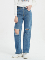 Frauen Jeans Sexy Zipper Fly Erhöhte Taille Cut Outs Blaue Gerade Denim Hosen