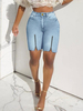 Frauen Jeansshorts Baby Blue Raised Waist Unregelmäßige knielange Cowboy-Knöpfe