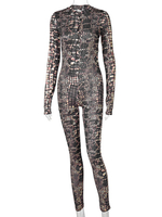 Frauen Jumpsuit Kaffee Braun Animal Print V-Ausschnitt Langarm Polyester Skinny Summer One Piece Outfit
