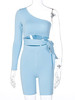 Frauen Jumpsuit Licht Himmel Blau Eine Schulter Lange Ärmel Schnüren asymmetrische Polyester Skinny Sommer Einteiliges Outfit