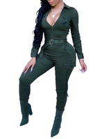 Frauen Jumpsuits Grün Umlegekragen mit langen Ärmeln Lace Up Polyester Sommer One Piece Outfit