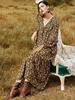 Frauen Kaffee Braun Maxikleider Langarm Bedruckt V-Ausschnitt Maxi Polyester Langes Kleid
