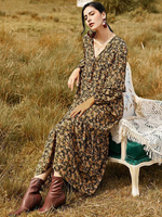 Frauen Kaffee Braun Maxikleider Langarm Bedruckt V-Ausschnitt Maxi Polyester Langes Kleid