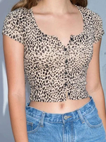 Frauen Kaffee Brown Shirt U-Ausschnitt Leopard Polyester T-Shirt Sexy Tops