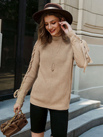 Frauen Kamel Pullover Lace Up Jewel Hals Lange Ärmel Polyester Pullover
