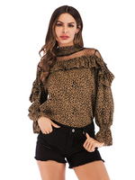 Frauen Kamelbluse gedruckt Leopardenmuster Rüschen Spitze Juwelenhals Sexy Langarm Polyester Sommer Tops