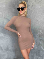Frauen Khaki Strickkleid Jewel Neck Langarm Polyester Rückenlos Sexy Bodycon Midi Kleid