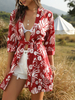 Frauen Kimono Top Red Blumendruck Chiffon Academic Schnürung 3/4 Länge Ärmel Tops