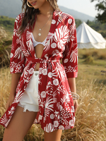 Frauen Kimono Top Red Blumendruck Chiffon Academic Schnürung 3/4 Länge Ärmel Tops