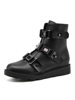 Frauen Knöchel Stiefel schwarz PU-Leder Schnalle Round Toe Flache Stiefel