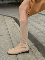 Frauen kniehohe Stiefel Aprikose quadratische Zehen flache Front Reißverschluss Frauen Herbst Winterstiefel