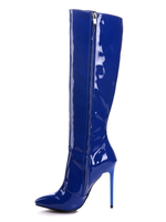 Frauen Kniehohe Stiefel Lackleder Blau Spitz Pfennigabsatz 4.3 "Winterstiefel