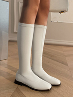 Frauen Kniehohe Stiefel Leder White Square Toe Flache flache knielange Stiefel