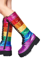 Frauen kniehohe Stiefel Rose Round Toe Regenbogen Pailletten Frauen Oberschenkel hohe Stiefel