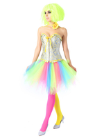 Frauen Korsett Kleid Schnürung Overbust Korsett Regenbogen Kurzer Rock Halloween Zweiteiler Set