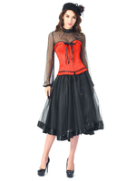 Frauen Kostüm Partykleid ohne Knochen rotes Korsett und Rock mit schwarzem Netz Langarm Top