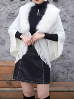 Frauen Kunstpelz Poncho Turndown Kragen Weiß Layered Fringe Cape