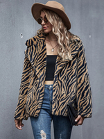 Frauen Kunstpelzmäntel Tiger Print Langarm Turndown Collar Wintermantel