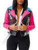 Frauen Kurze Jacken Rosa Turndown Kragen Langarm Nieten Motorradjacke