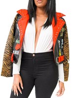 Frauen Kurzjacke Schwarz Turndown Kragen Langarmnieten Animal Print Motorradjacken