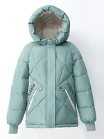 Frauen Kurzmantel Grün Kapuze Langarm Buchstaben Druck Zip Up Puffer Mäntel