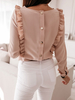 Frauen Lachs Bluse Chiffon Juwel Hals lange Ärmel Rüschen Casual Tops