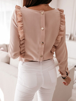 Frauen Lachs Bluse Chiffon Juwel Hals lange Ärmel Rüschen Casual Tops