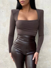 Frauen Langarm Bodysuit Kaffee Braun U-Ausschnitt geschichtet Sexy Polyester Top