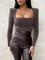Frauen Langarm Bodysuit Kaffee Braun U-Ausschnitt geschichtet Sexy Polyester Top