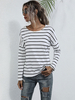 Frauen Langarm T-Shirt Weiße Streifen Jewel Neck Cotton Casual Top