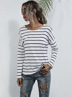 Frauen Langarm T-Shirt Weiße Streifen Jewel Neck Cotton Casual Top