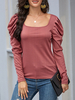 Frauen Langarm T-Shirts Dunkelroter Vierkanthals Casual Stripes Cotton Blend Frauen Shirt