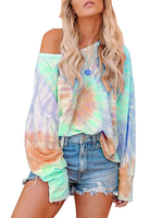 Frauen Langarm T-Shirts Grün bedruckt Off-The-Shoulder Tie Dye Polyester Frauen T-Shirt