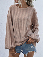 Frauen Langarm T-Shirts Khaki Acryl Jewel Neck Frauen Gestrickt Casual T-Shirt
