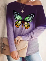 Frauen Langarm T-Shirts Lila Ombre Polyester Baumwolle bedruckt Juwelenhals Schmetterling Frauen Shirt