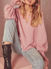 Frauen Langarm T-Shirts Rosa V-Ausschnitt Polyester Puffärmel Frauen Top