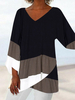 Frauen Langarm T-Shirts V-Ausschnitt Schwarz Farbe Block Jewel Neck Polyester T-Shirt Für Frauen