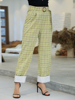Frauen lange Hosen grüne karierte Polyester natürliche Taille gerade Hose lässige Hosen