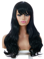 Frauen lange Perücke schwarz mit Pony / Fransen Hitzebeständige Faser Chic Tousled lange synthetische Perücken