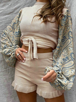 Frauen leichte Aprikose zweiteilige Sätze Polyester Rundhalsausschnitt zweifarbige Schnürung Langarm Outfit
