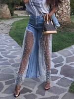 Frauen Light Sky Blue Jeans ausgeschnitten Vintage Denim Flared Star Mesh Hose