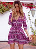 Frauen lila Boho Kleid lange Ärmel gedruckt Viskose kurzes Sommerkleid Midi Kleid