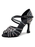 Frauen Maßgeschneiderte Latin Dance Schuhe Satin Schwarz Peep Toe Luxus Strass Gesellschaftstanz Schuhe