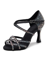 Frauen Maßgeschneiderte Latin Dance Schuhe Schwarz Open Toe Luxus Strass Ballroom Dance Schuhe