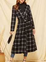 Frauen-Mantel-Schwarz-Umlegekragen-lange Hülsen-Knopf-Plaid-Retro Verpackungs-Mantel