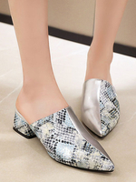 Frauen Maultier Schuhe Silber spitzen Zehen Schlange Muster Backless Slip On Mules