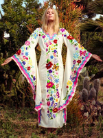 Frauen Maxi Kleid bestickte Glockenhülse V-Ausschnitt lange Herbst Kleid