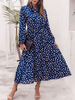 Frauen-Maxi-Kleider mit langen Ärmeln blauen Tupfen-Juwel Ausschnitt geknotete Polyester lange Kleid