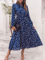 Frauen-Maxi-Kleider mit langen Ärmeln blauen Tupfen-Juwel Ausschnitt geknotete Polyester lange Kleid