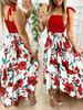 Frauen Maxikleid Blumendruck Muster Rote Träger Ausschnitt Ärmellos Lace Up Polyester Casual Maxikleid